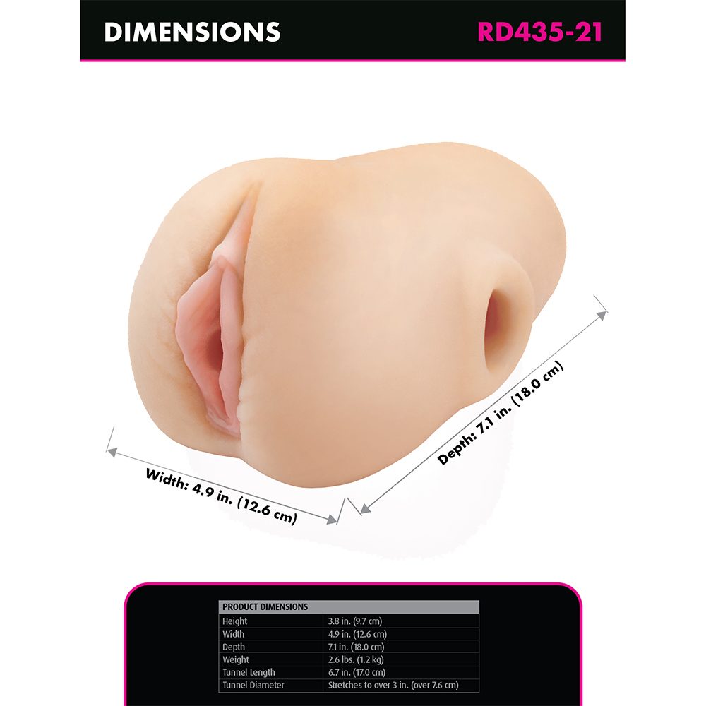 Product dimensions of a realistic Pounders Pussy Pounder Squeeze Stroker with measurements on a white background.