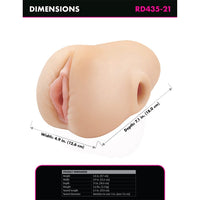 Product dimensions of a realistic Pounders Pussy Pounder Squeeze Stroker with measurements on a white background.
