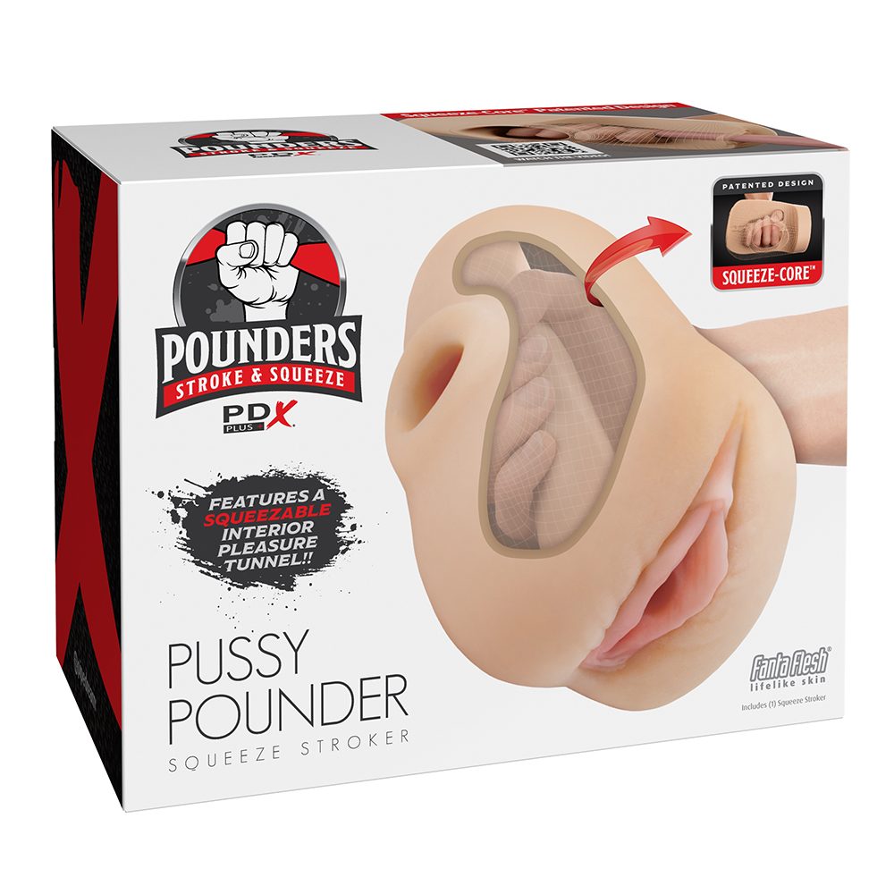 Box of Pounders Pussy Pounder Squeeze Stroker with product image and branding.