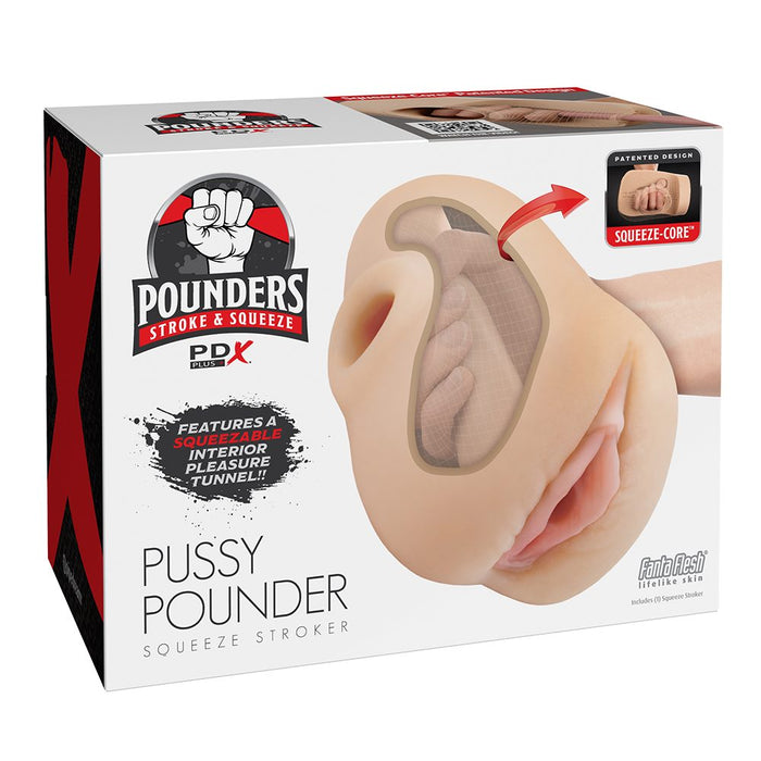 Box of Pounders Pussy Pounder Squeeze Stroker with product image and branding.