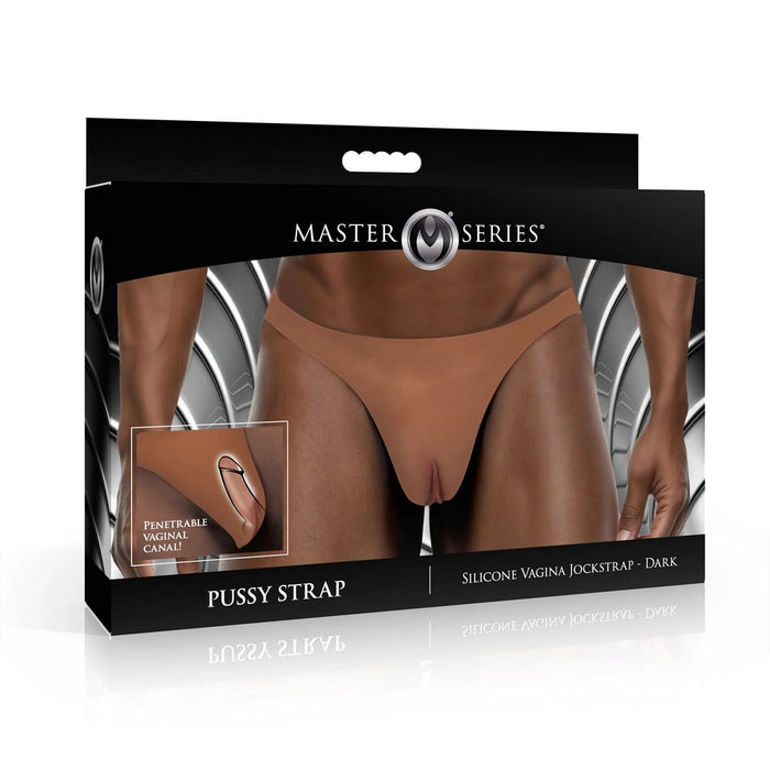 Packaging of a dark silicone vagina jockstrap with 'Master Series' branding.