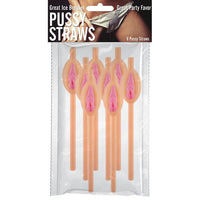 Package of 'Pussy Straws' with text on a white background