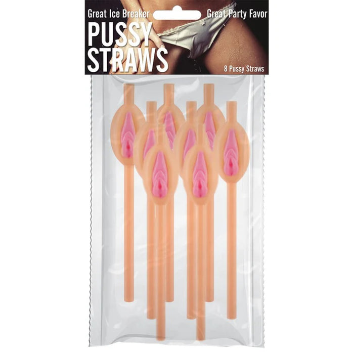 Package of 'Pussy Straws' with text on a white background