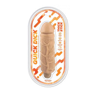 Sexual product packaging with 'Quick Dick' vibrator branding on a white background