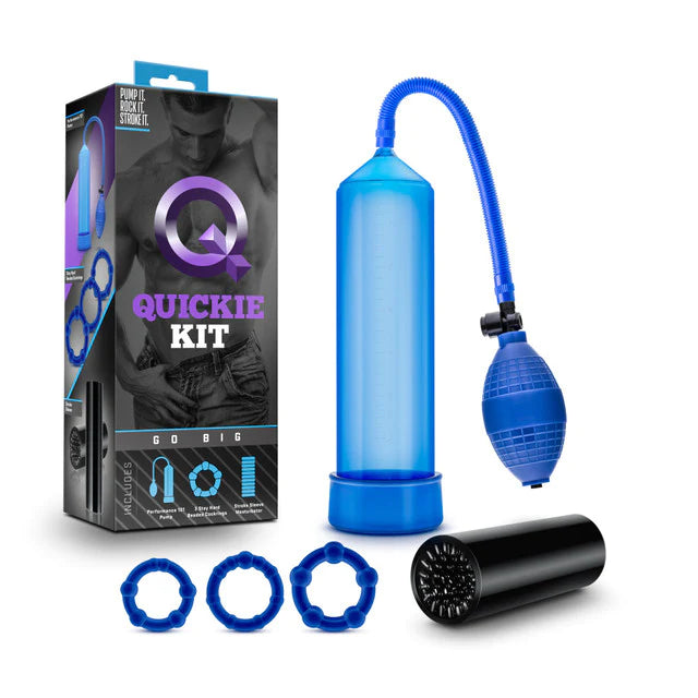 blue penis pump with bulb squeeze, 3 cock rings and a penis sleeve with box