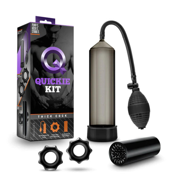 black penis pump with bulb squeeze, 2 cock rings and a penis sleeve with box