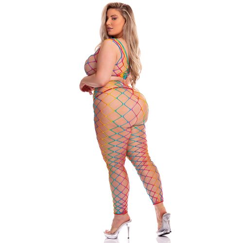 Woman wearing a colorful fishnet outfit on a white background
