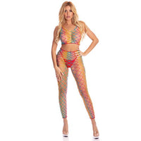 Woman wearing a colorful fishnet outfit on a white background