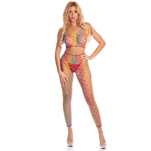 Woman wearing a colorful fishnet outfit on a white background