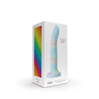 Box of a rainbow-colored silicone dildo with 'nobu' branding on a white background