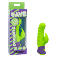 Green and purple vibrator with 'Rave' packaging on a white background