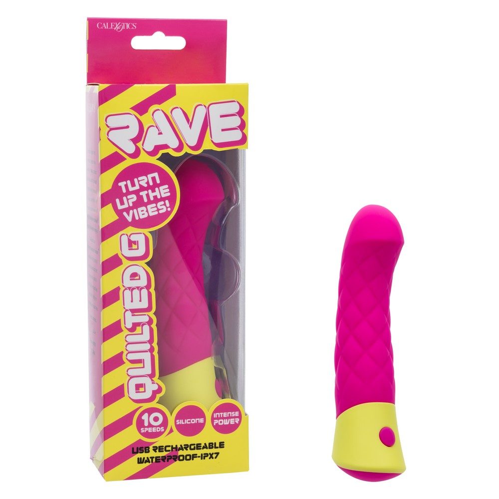 Pink and yellowQuilted Gvibrator with packaging on a white background