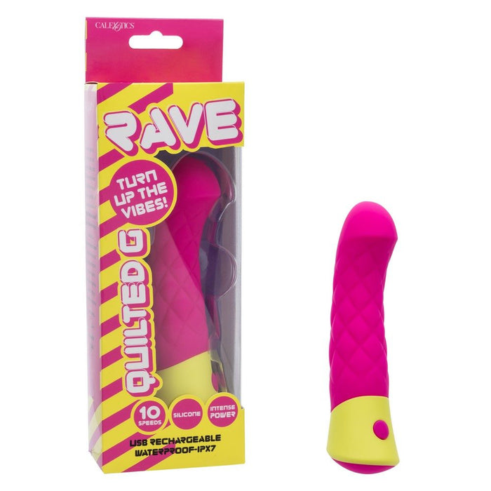 Pink and yellowQuilted Gvibrator with packaging on a white background