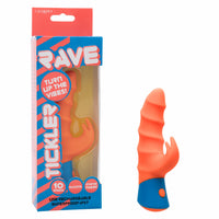 Orange and blue vibrator with packaging labeled 'Rave Ticker' on a white background