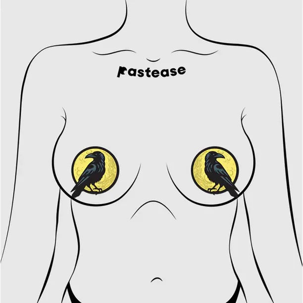 raven and moon pasties on female figure on breasts