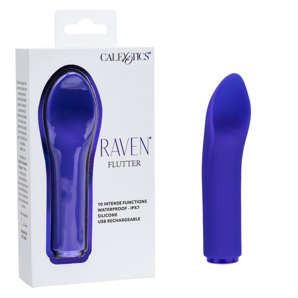 Purple 'Raven Flutter' vibrator with packaging on a white background