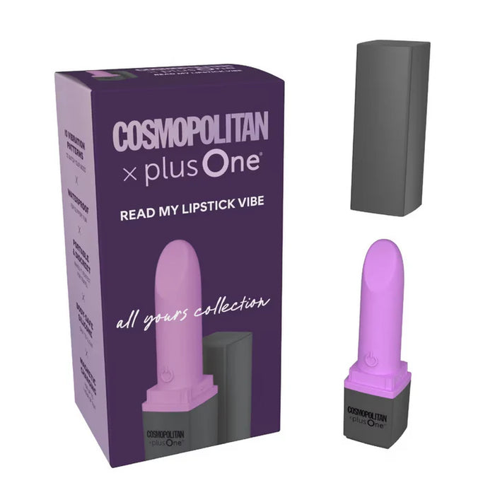 purple lipstick vibrator, with black case, beside purple box packaging, on white back ground