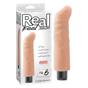 a beige penis shaped vibrator with a curved tip and a black cap, shown next to its white display box