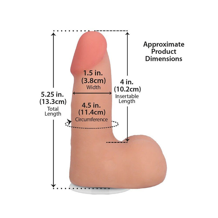 Measurement chart of a realistic ultraskyn dildo with dimensions labeled on a white background