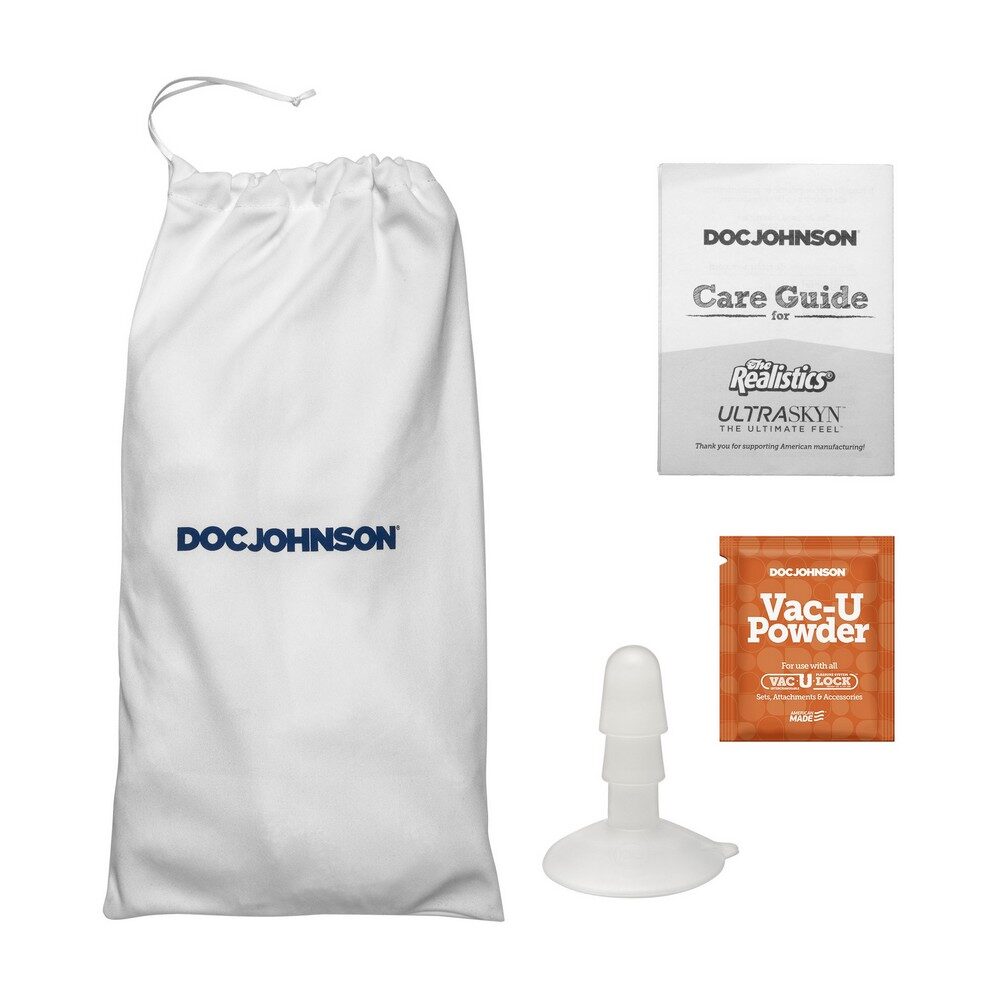 Doc Johnson product set with drawstring bag, care guide, and packaging on a white background
