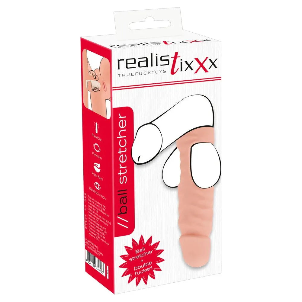 beige ball stretcher with dildo for double penetraton. white and red box packaging