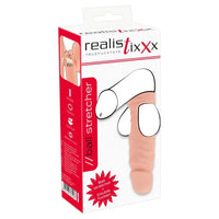 beige ball stretcher with dildo for double penetraton. white and red box packaging