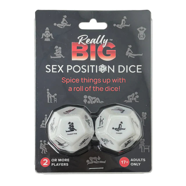 Really Big Sex Position Dice game by Forum featuring two oversized dice with illustrated position icons and packaging for adult couples play.
