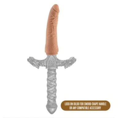 a beige penis shaped dildo shown connected to a sword shaped handle that is sold separately 