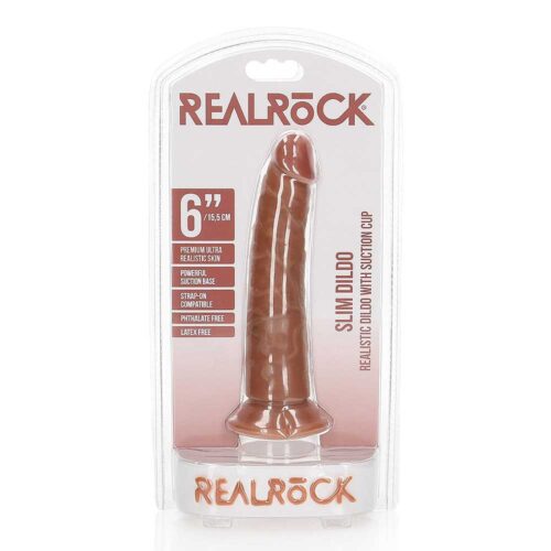 realrock realistic 6" slim dildo with suction cup base, in product packaging on white back ground