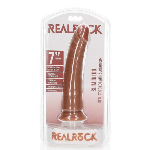 realrock realistic 7" dildo with suction cup base, in product packaging, on white back ground