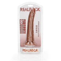 realistic slim 8" dildo with suction cup base, in product packaging, on white back ground