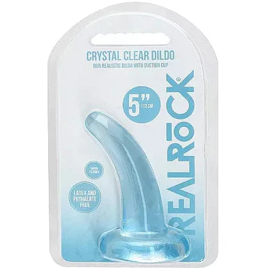 a blue translucent dildo with a curved tapered shaft and a suction cup base shown in its plastic packaging