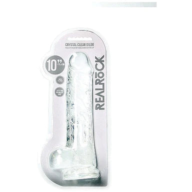 a clear detailed penis shaped dildo with balls and a suction cup. Shown in its plastic packaging. 