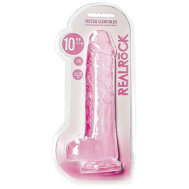 a pink detailed penis shaped dildo with balls and a suction cup. Shown in its plastic packaging.