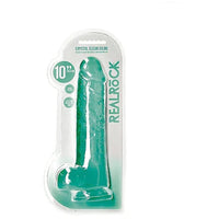 a turquoise detailed penis shaped dildo with balls and a suction cup. Shown in its plastic packaging.