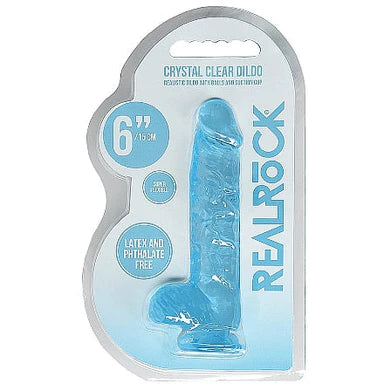 a blue detailed penis shaped dildo with balls and a suction cup. Shown in its plastic packaging.