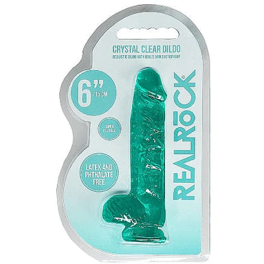 a turquoise detailed penis shaped dildo with balls and a suction cup. Shown in its plastic packaging.