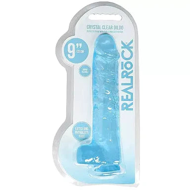 a blue detailed penis shaped dildo with balls and a suction cup. Shown in its plastic packaging.