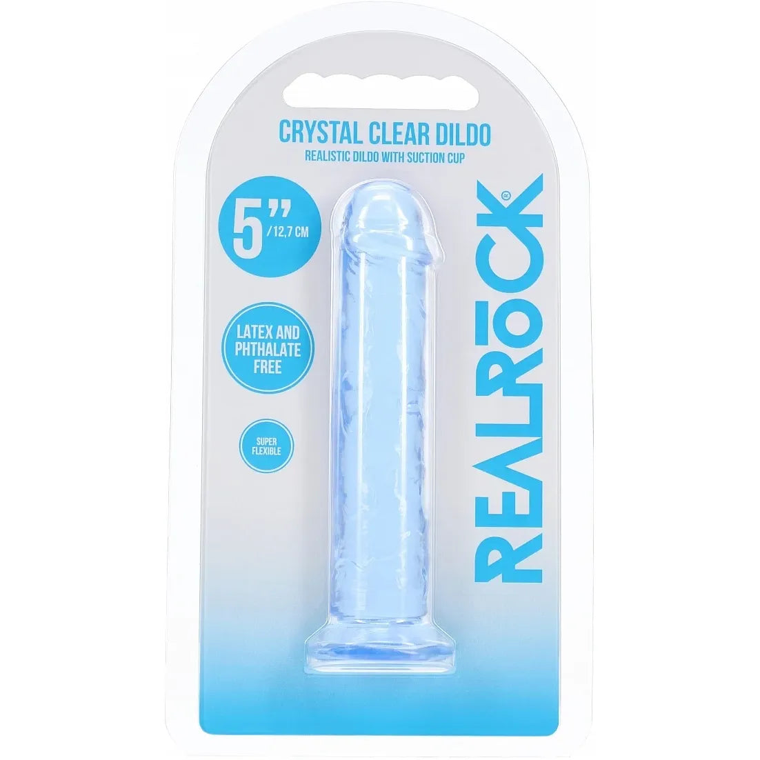A 5-inch crystal clear dildo with suction cup base, packaged in a white and blue blister card with the brand name REALROCK.