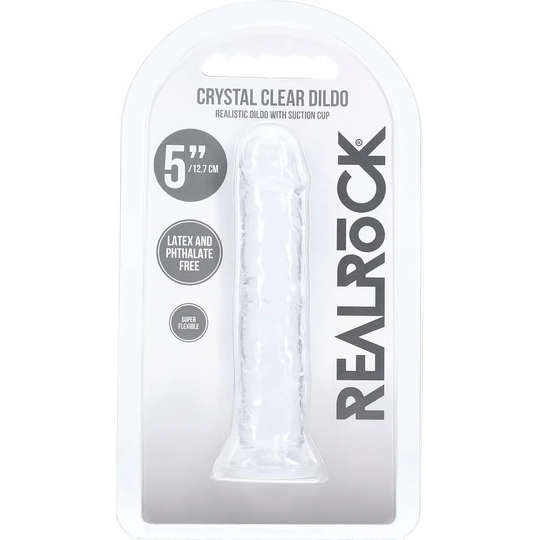 RealRock Crystal Clear Dildo in its original blister packaging, showing the transparent product inside a white and gray carded sleeve.