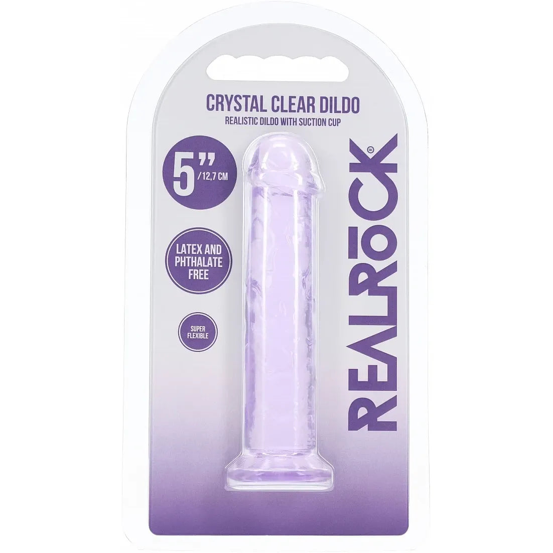 A 5-inch crystal clear dildo with suction cup base, packaged in a white and purple blister card with the brand name REALROCK.