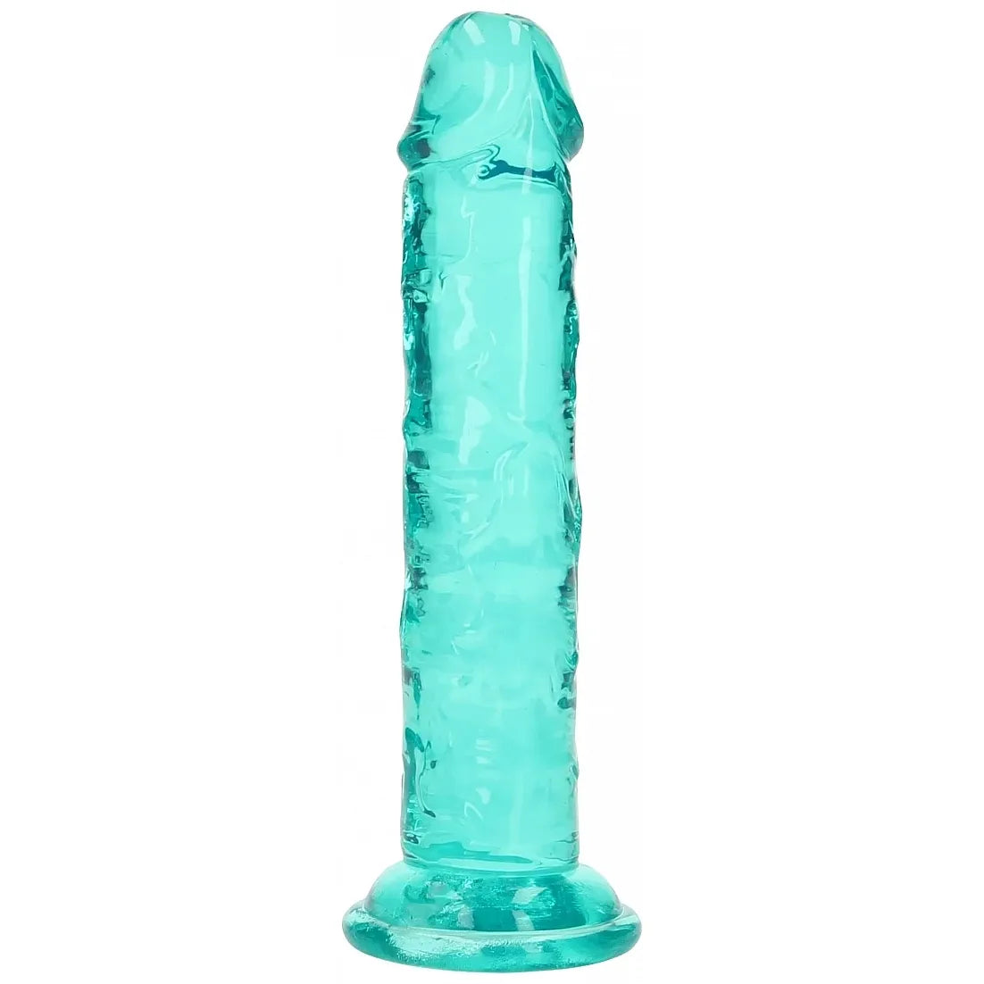 A translucent aqua blue textured silicone adult novelty item, shaped like a realistic dildo with a flared base, isolated on a white background.
