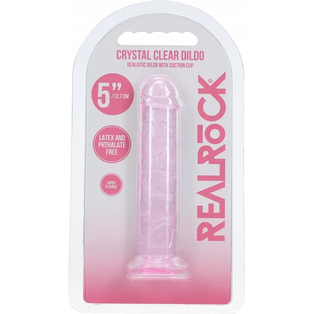 A pink crystal clear dildo in its retail blister packaging, featuring the brand name REALROCK and product details printed on the card.