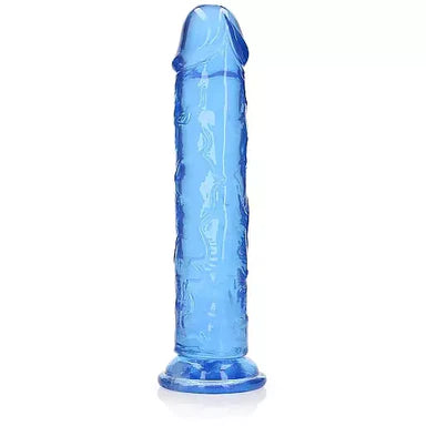 a blue translucent penis shaped dildo with a suction cup base