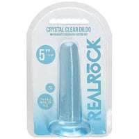 a blue translucent smooth straight dildo with a suction cup base shown in its plastic packaging