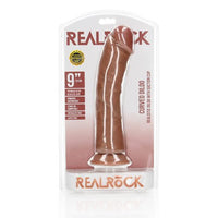 RealRock curved dildo 9" tan with suction cup packaging on a white background