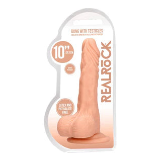 a beige detailed penis shaped dildo with balls and a suction cup. Shown in its plastic packaging.