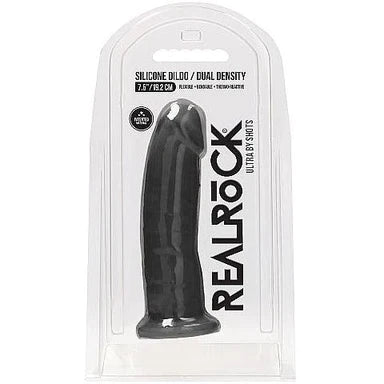 a black penis shaped dildo with a flared base shown in its plastic packaging