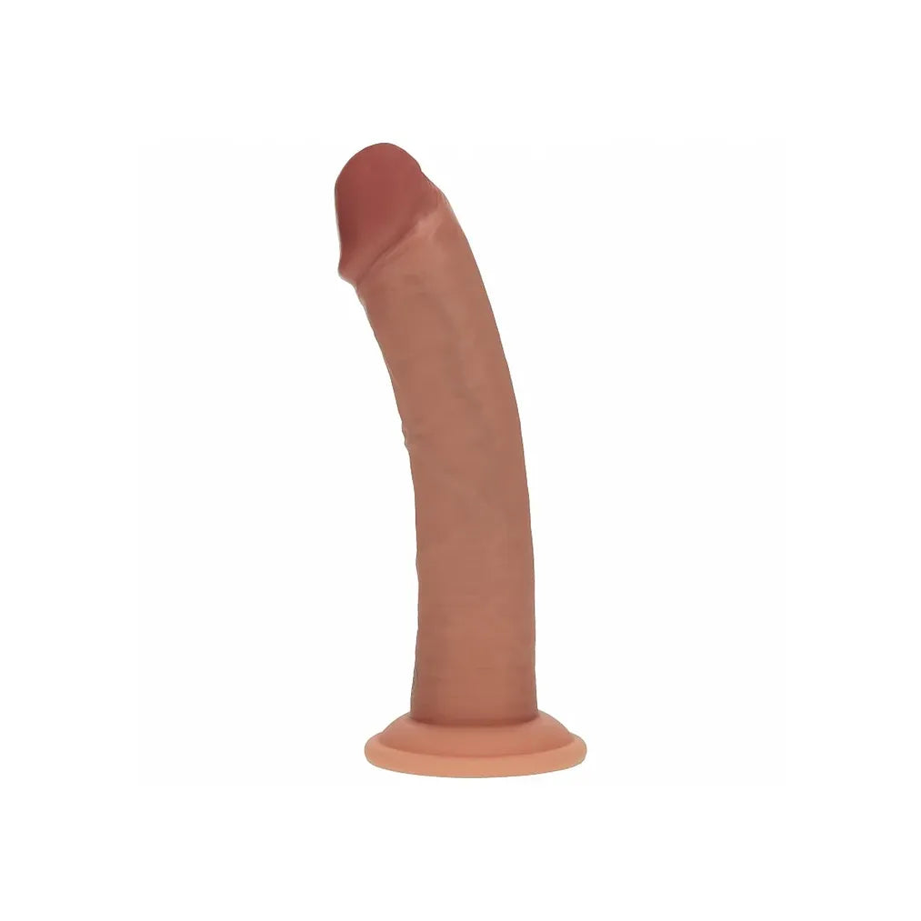 A realistic flesh-toned dildo with a flared base, shown upright against a plain white background.
