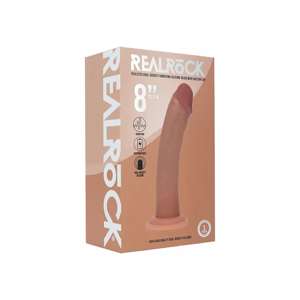 A product box for a REALROCK 8-inch realistic dual-density stimulating dildo, shown on a plain white background. The packaging is a warm peach-beige color with white branding text and a graphic of the dildo on the front.